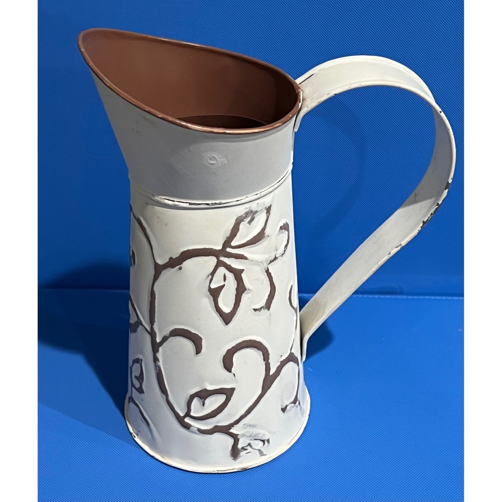 Hosley White Wash Metal Decorative Pitcher Farmhouse Embossed Scroll Vase